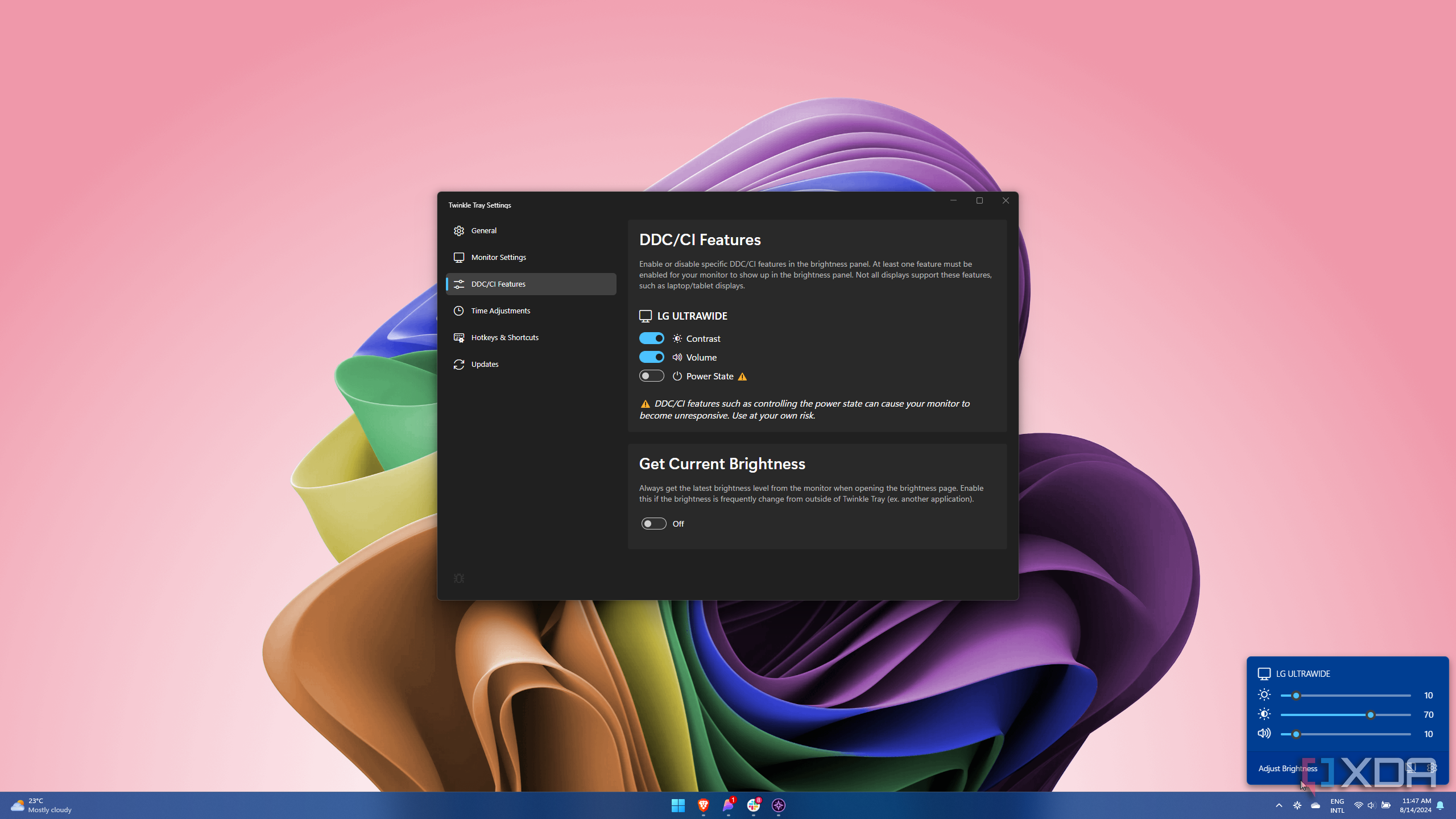 Screenshot of Twinkle Tray settings showing options for changing contrast and volume of a connected DDC/CI monitor