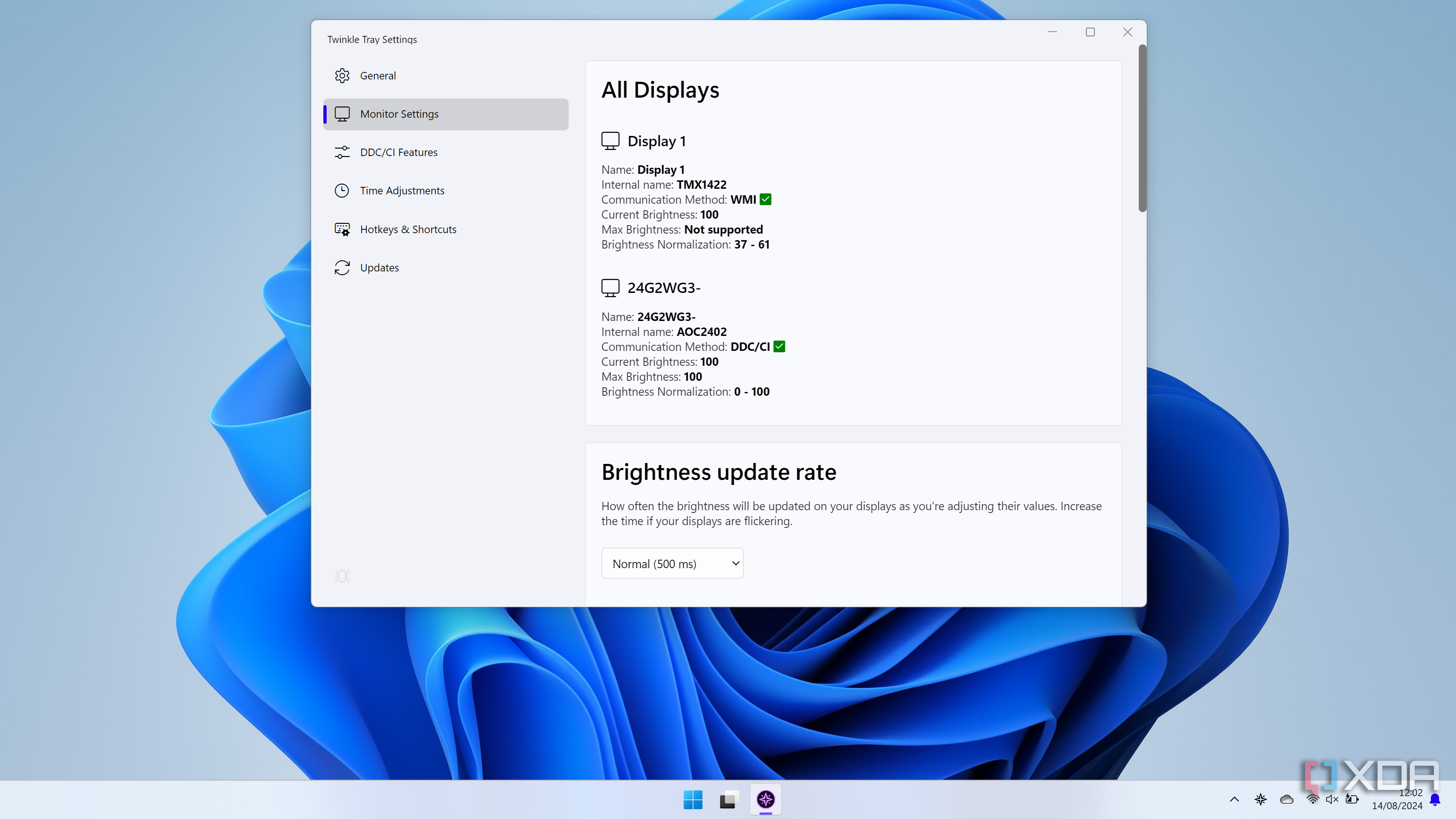 Screenshot of Twinkle Tray settings showing two connected displays