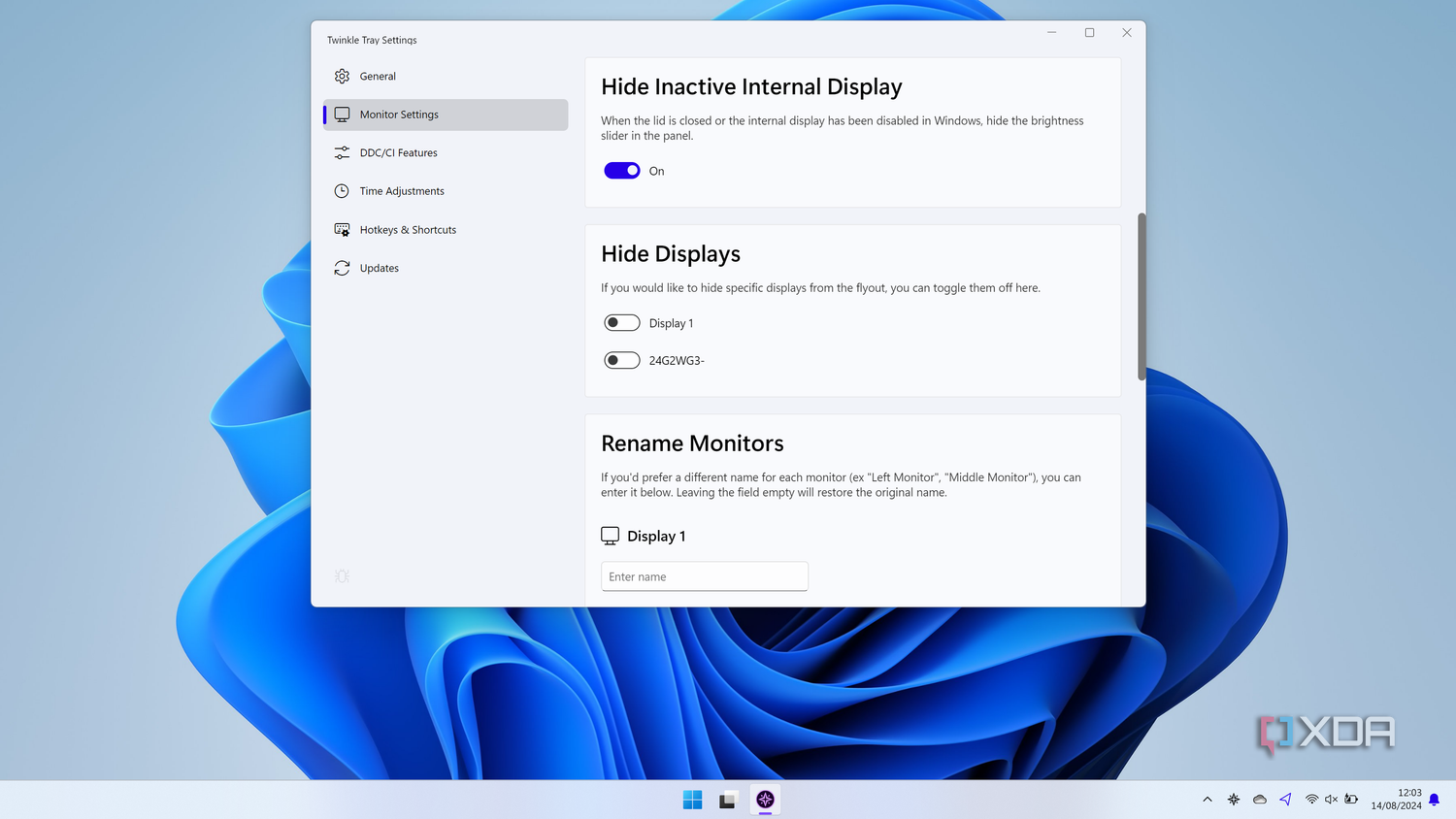 Screenshot of Twinkle Tray settings for hiding and renaming displays
