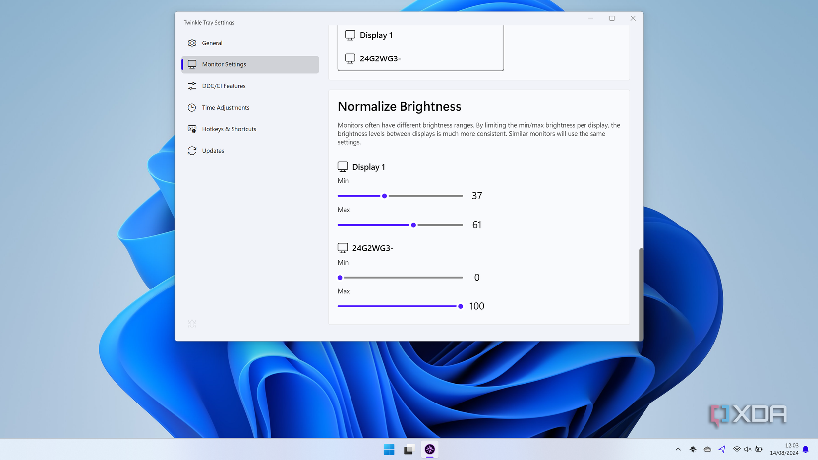 A screenshot of the brightness range customization options in Twinkle Tray
