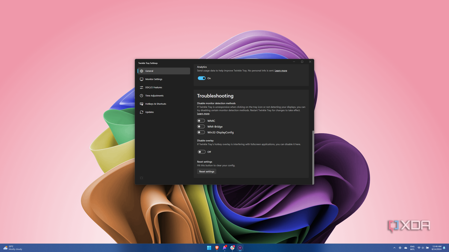 Screenshot of Twinkle Tray settings showing options for disabling support with specific kinds of monitors