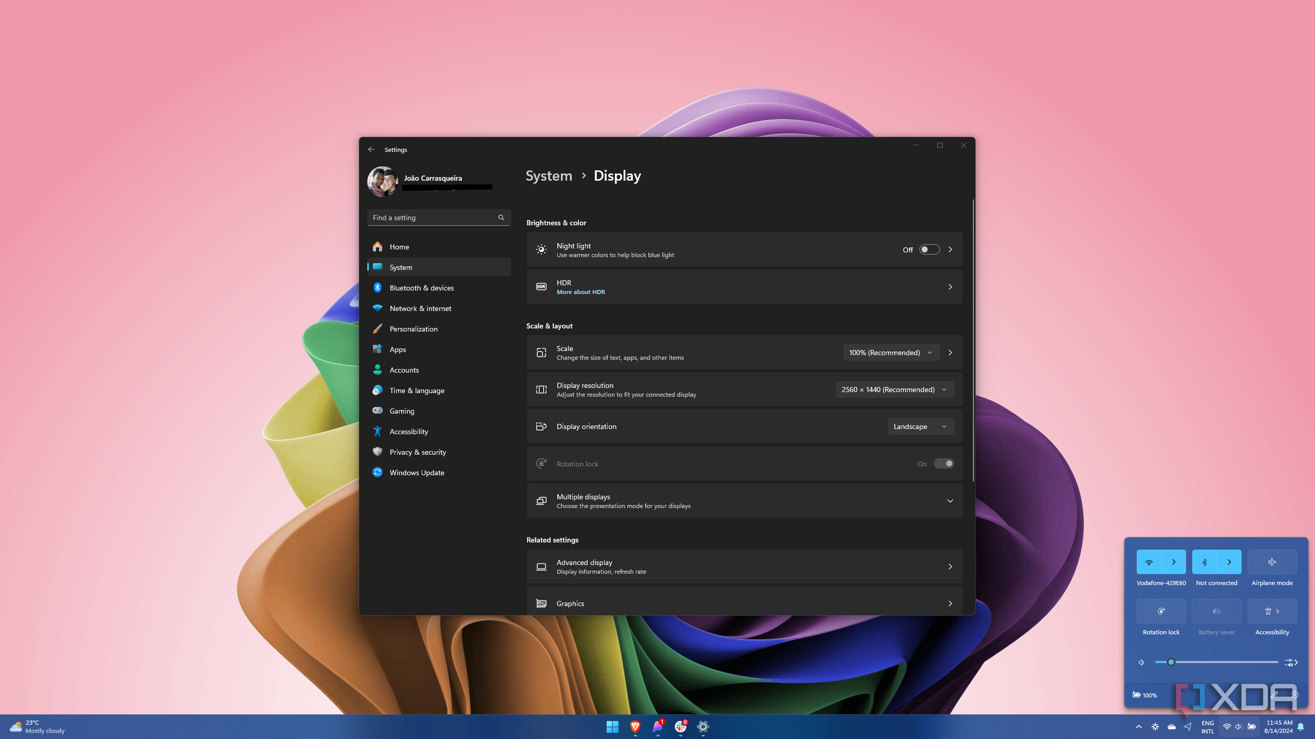 Screenshot of Windows 11 showing there are no brightness adjustments available for an external display