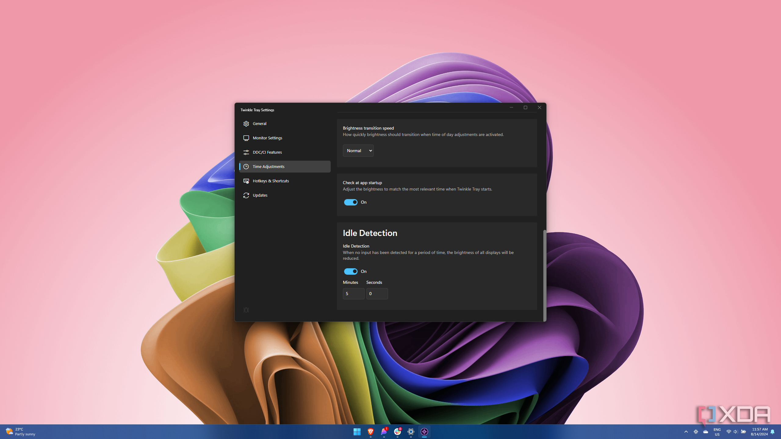 Screenshot of Twinkle Tray settings with idle detection enabled