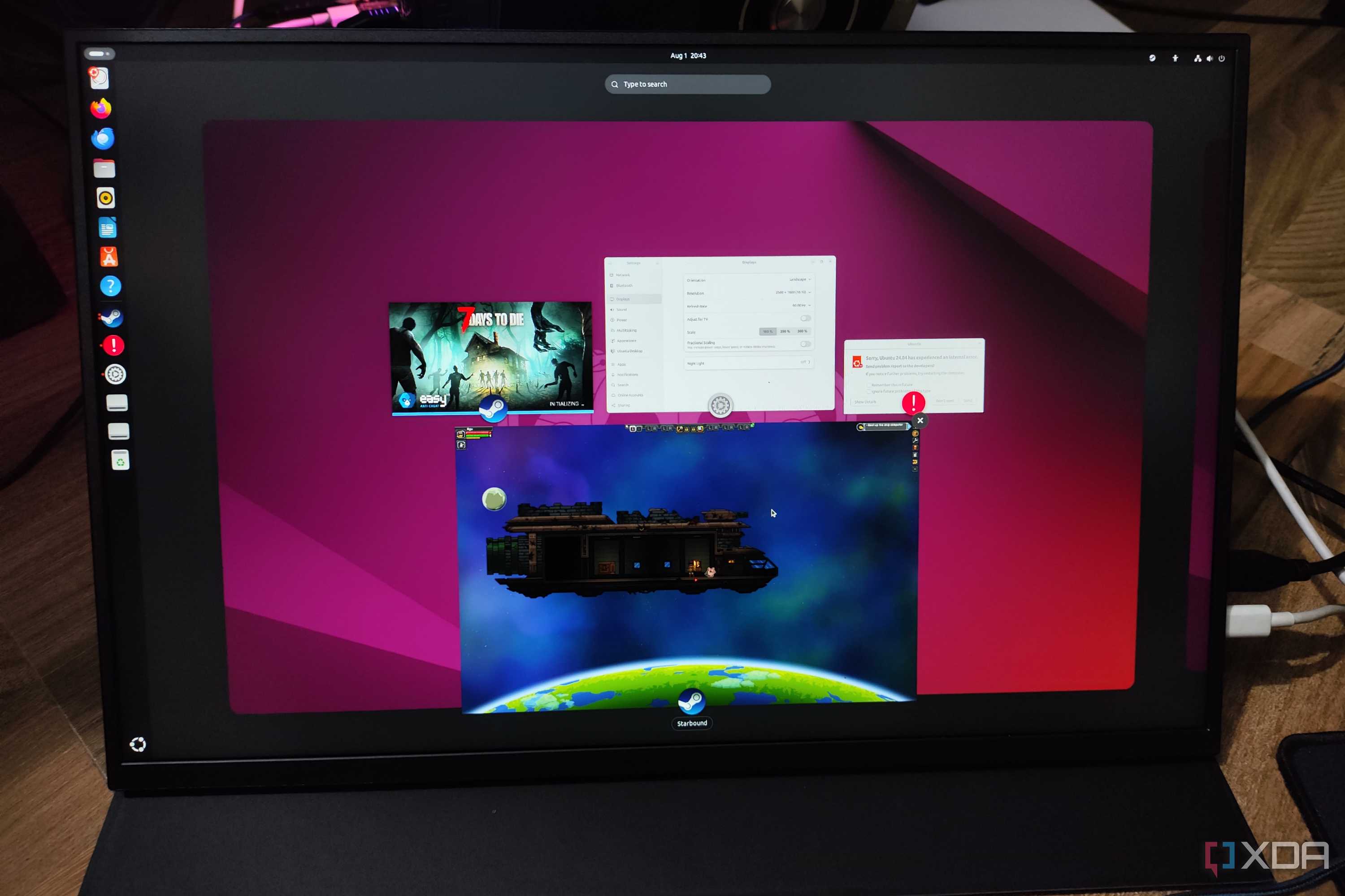 A Uperfect UGame K118 displaying the 7 Days to Die initialization screen, Ubuntu error message, Settings app, and Starbound