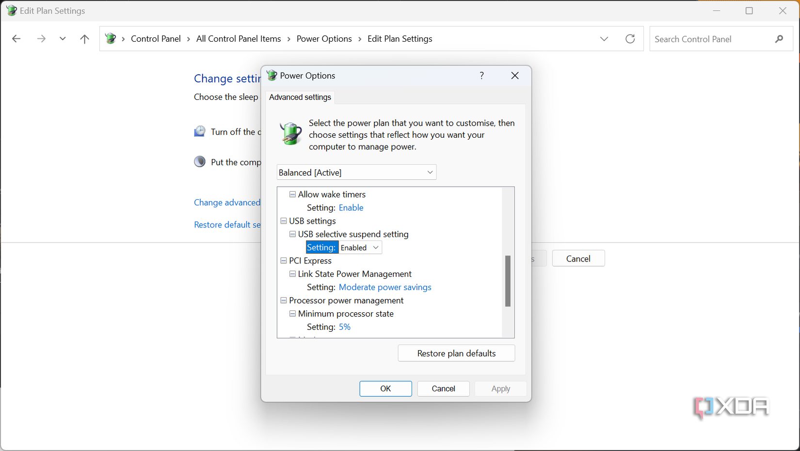 Turning off USB selective suspend in Windows