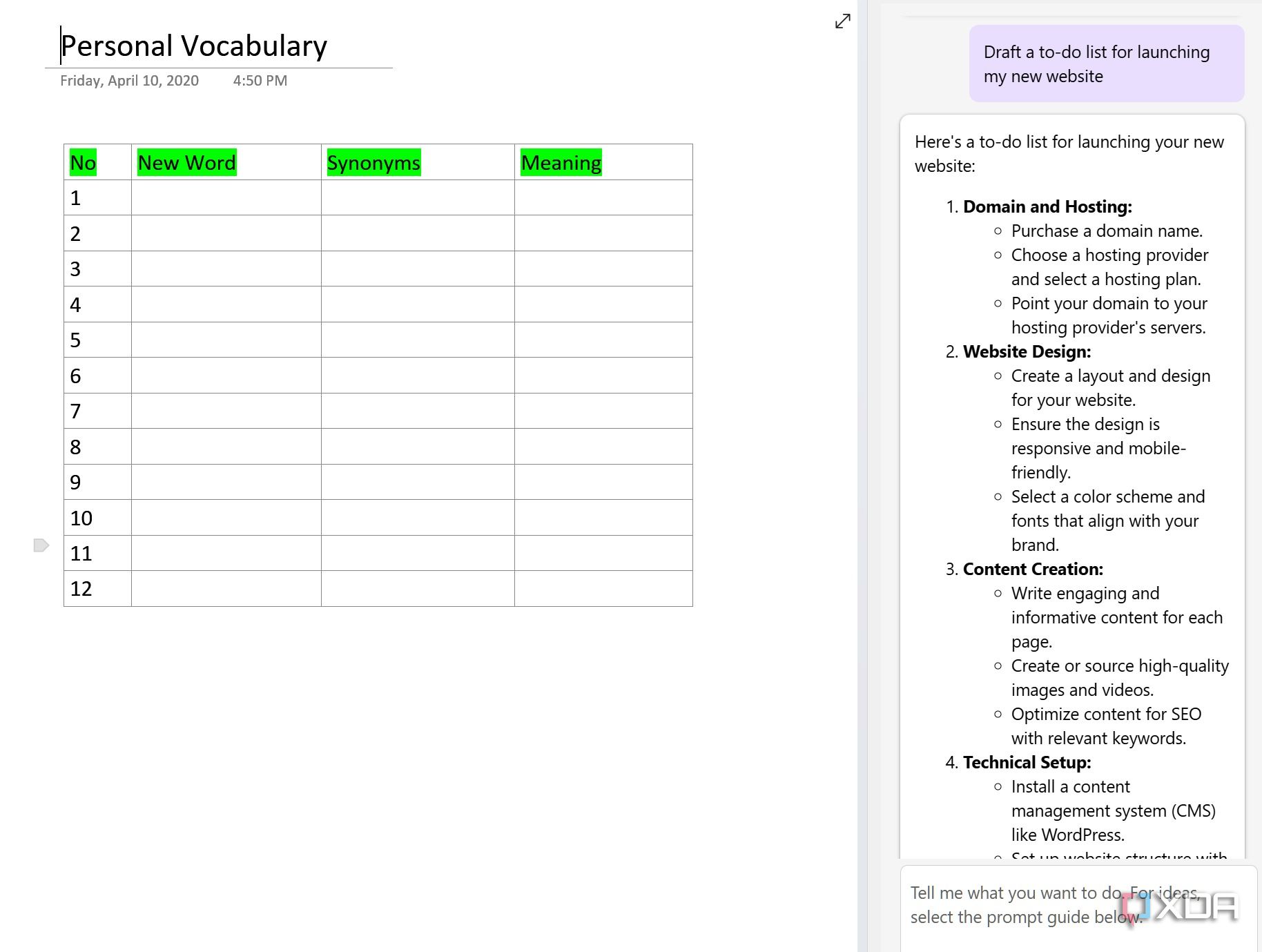 Copilot creating a tasks list