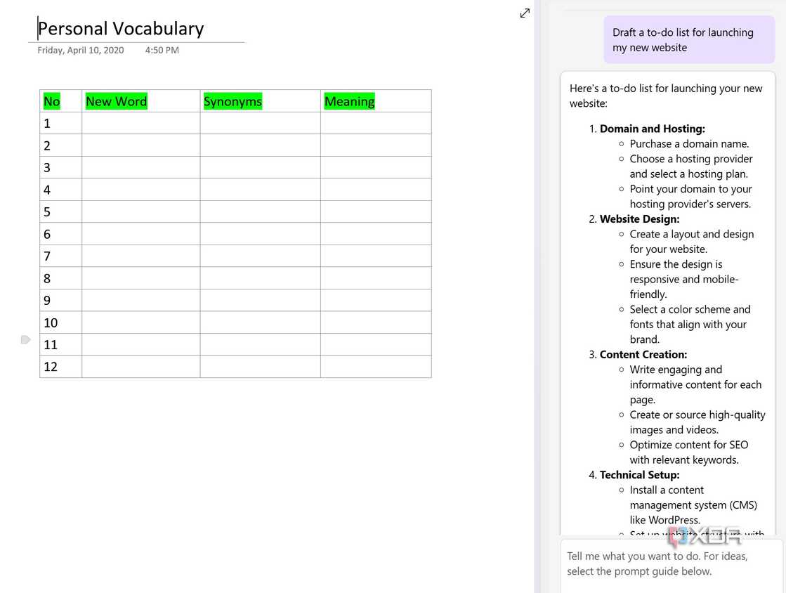 Copilot creating a tasks list