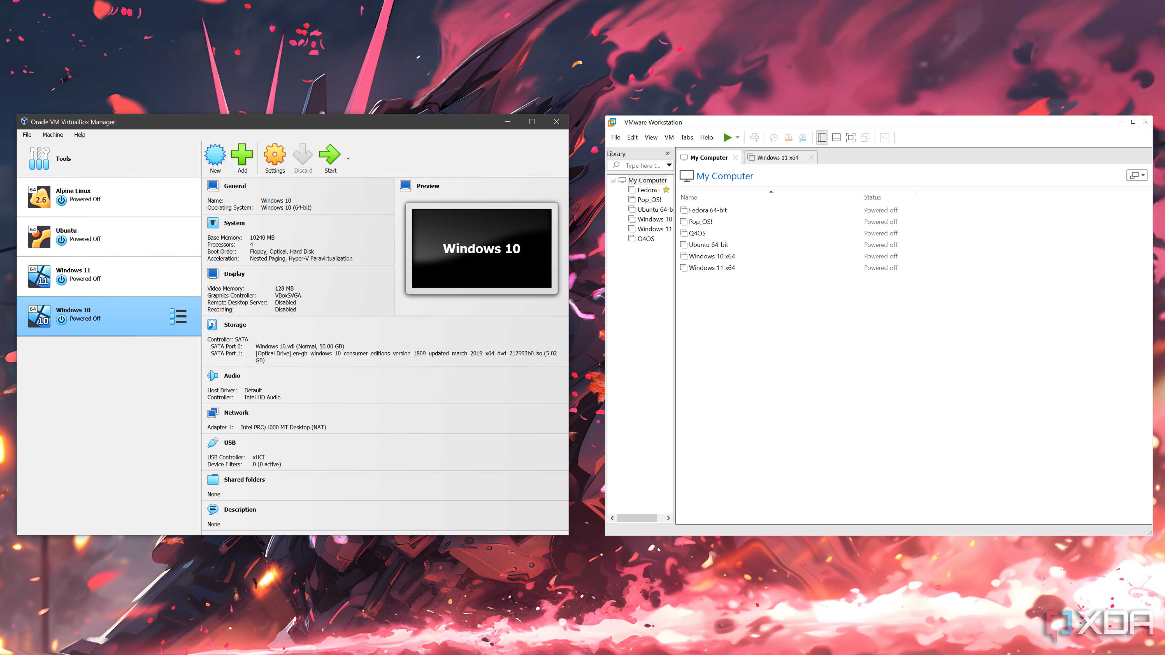 VirtualBox and VMware Workstation Pro running side-by-side