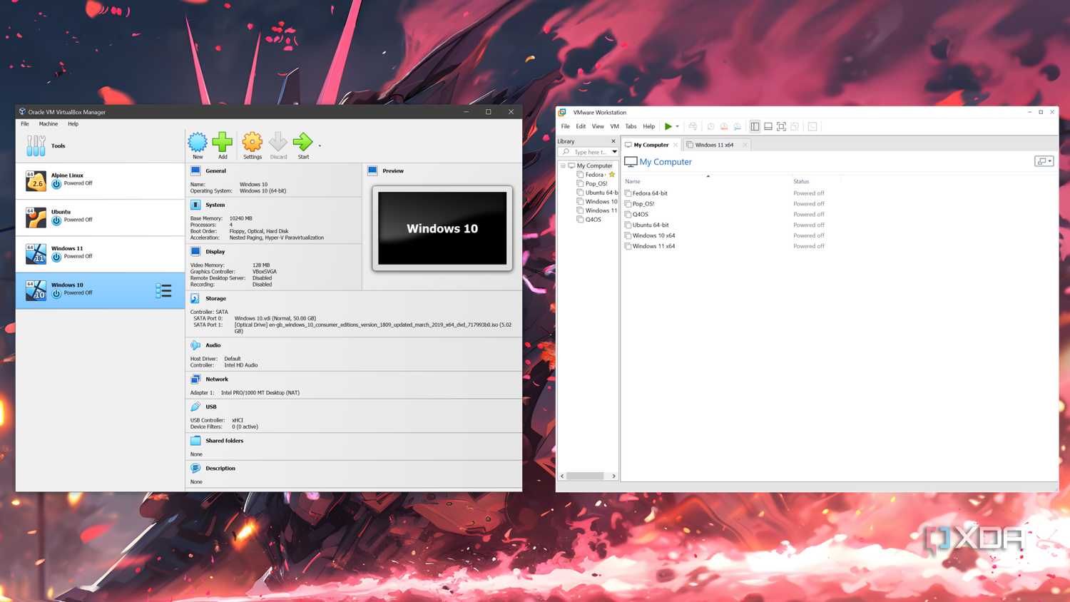 VirtualBox and VMware Workstation Pro running side-by-side