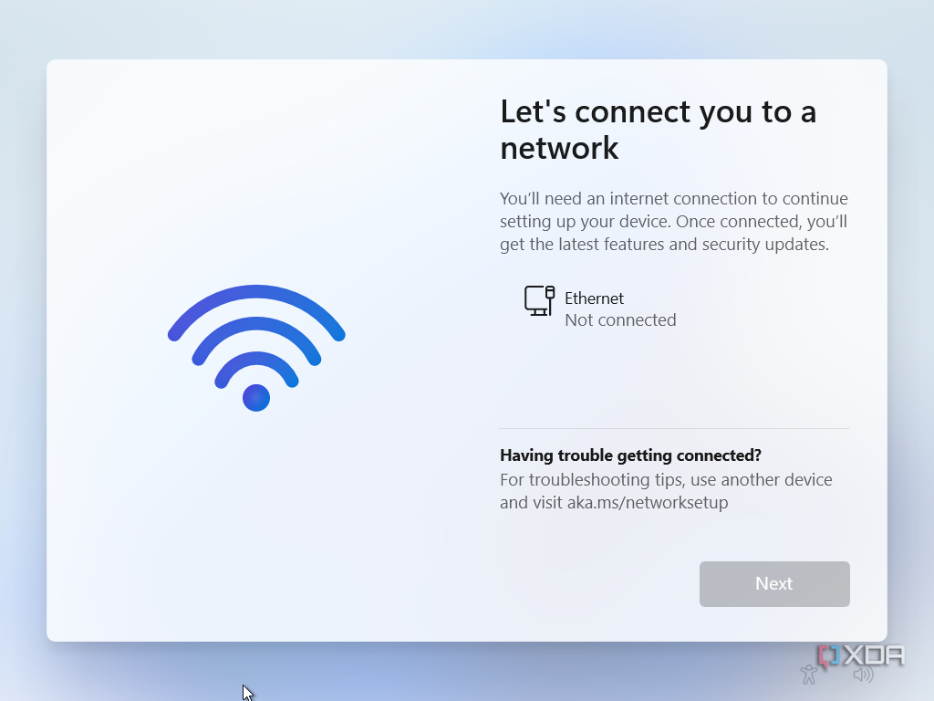 Screenshot of Windows 11 OOBE showing the network page when there's no network available
