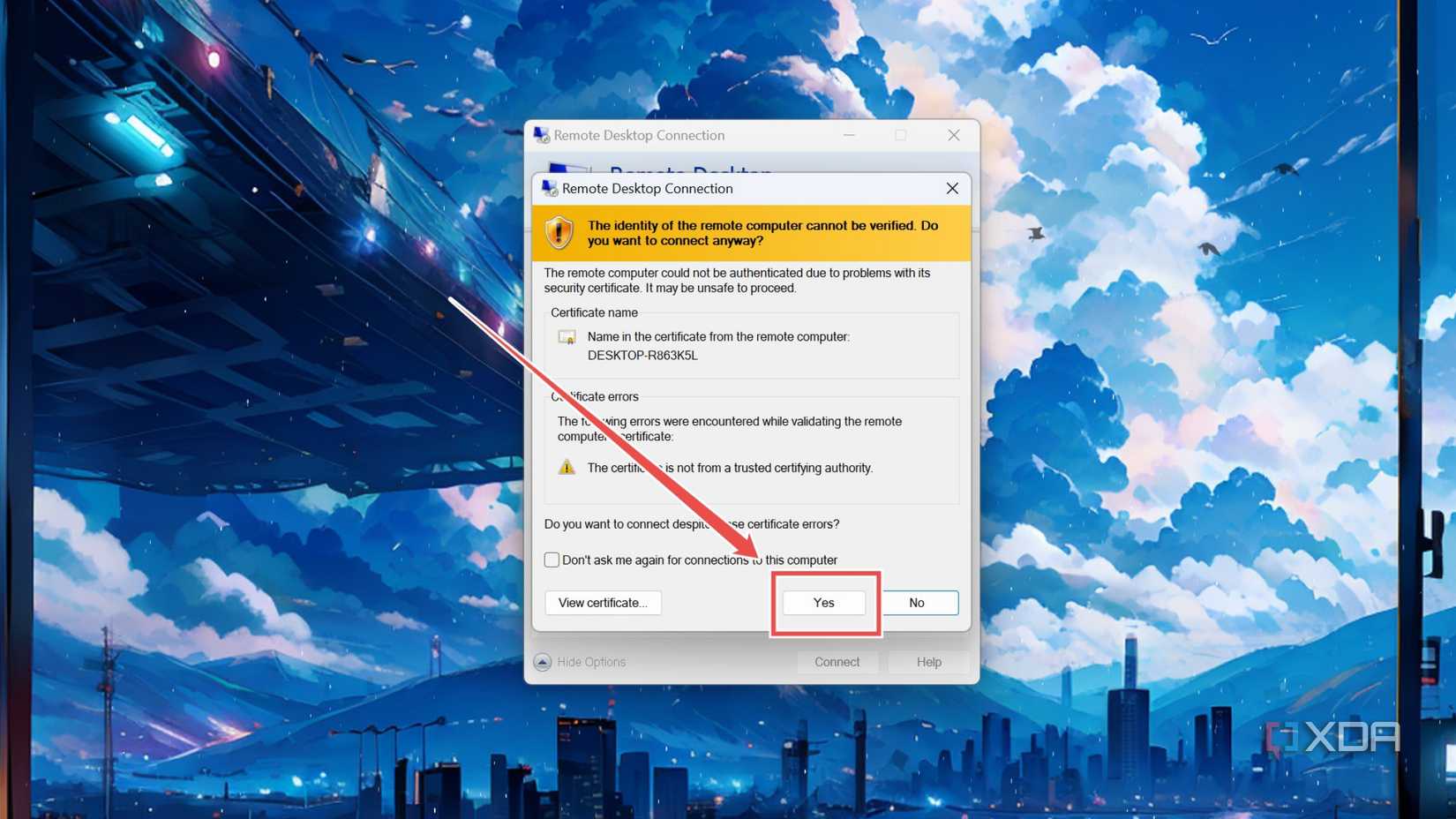 Pressing Yes to access the Windows 11 VM via RDP