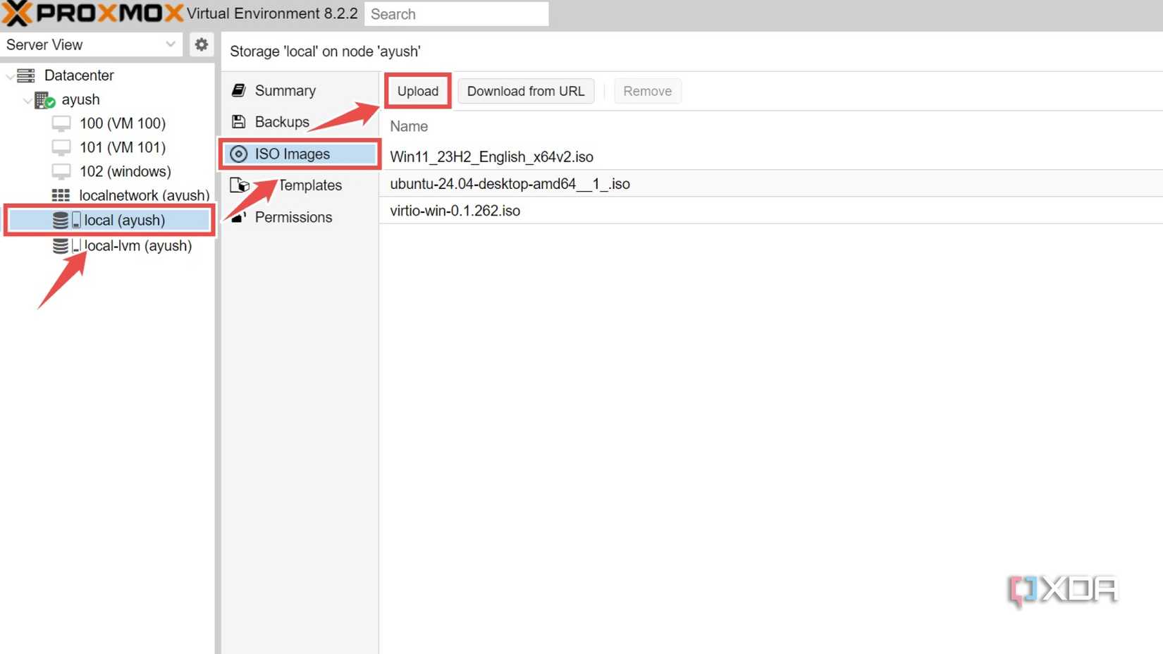 The procedure to upload ISO files to the Proxmox host machine via the web UI