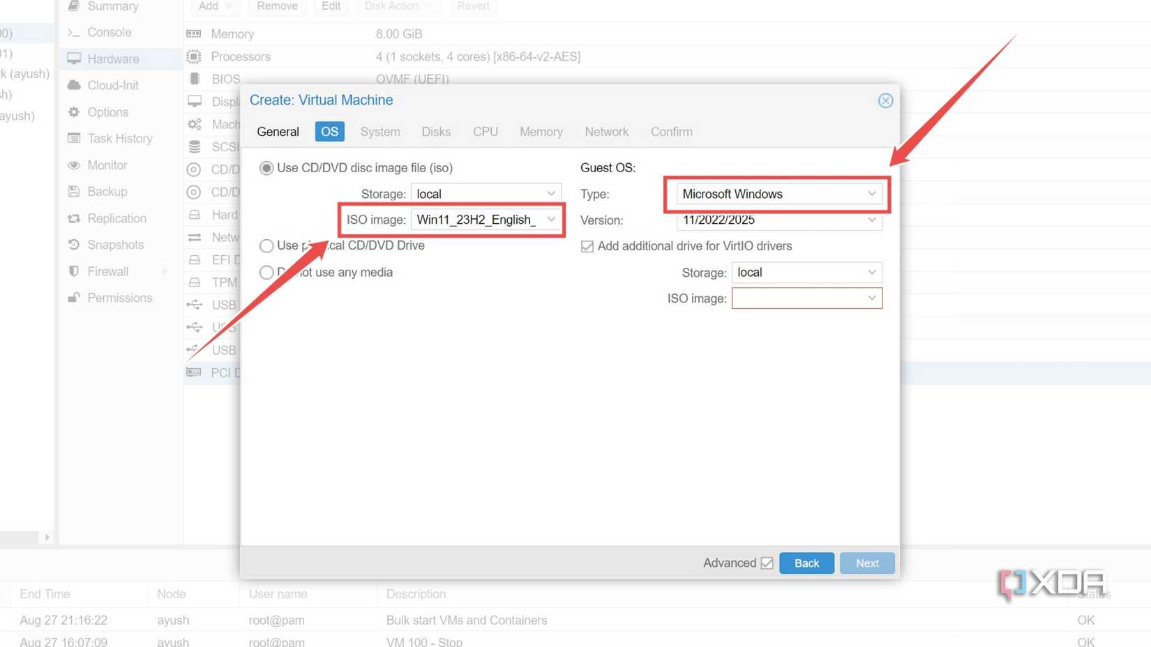 Selecting the Windows 11 ISO file inside the Create Virtual Machine wizard of the Proxmox web UI