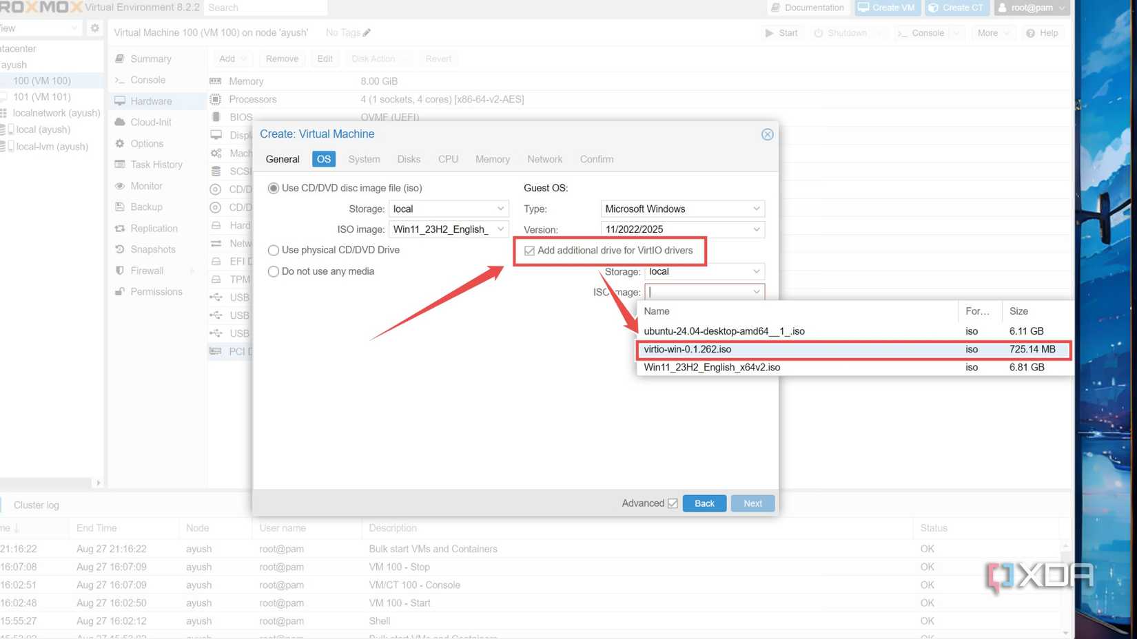 Selecting the ISO file for VirtIO drivers inside the Create Virtual Machine wizard of the Proxmox web UI