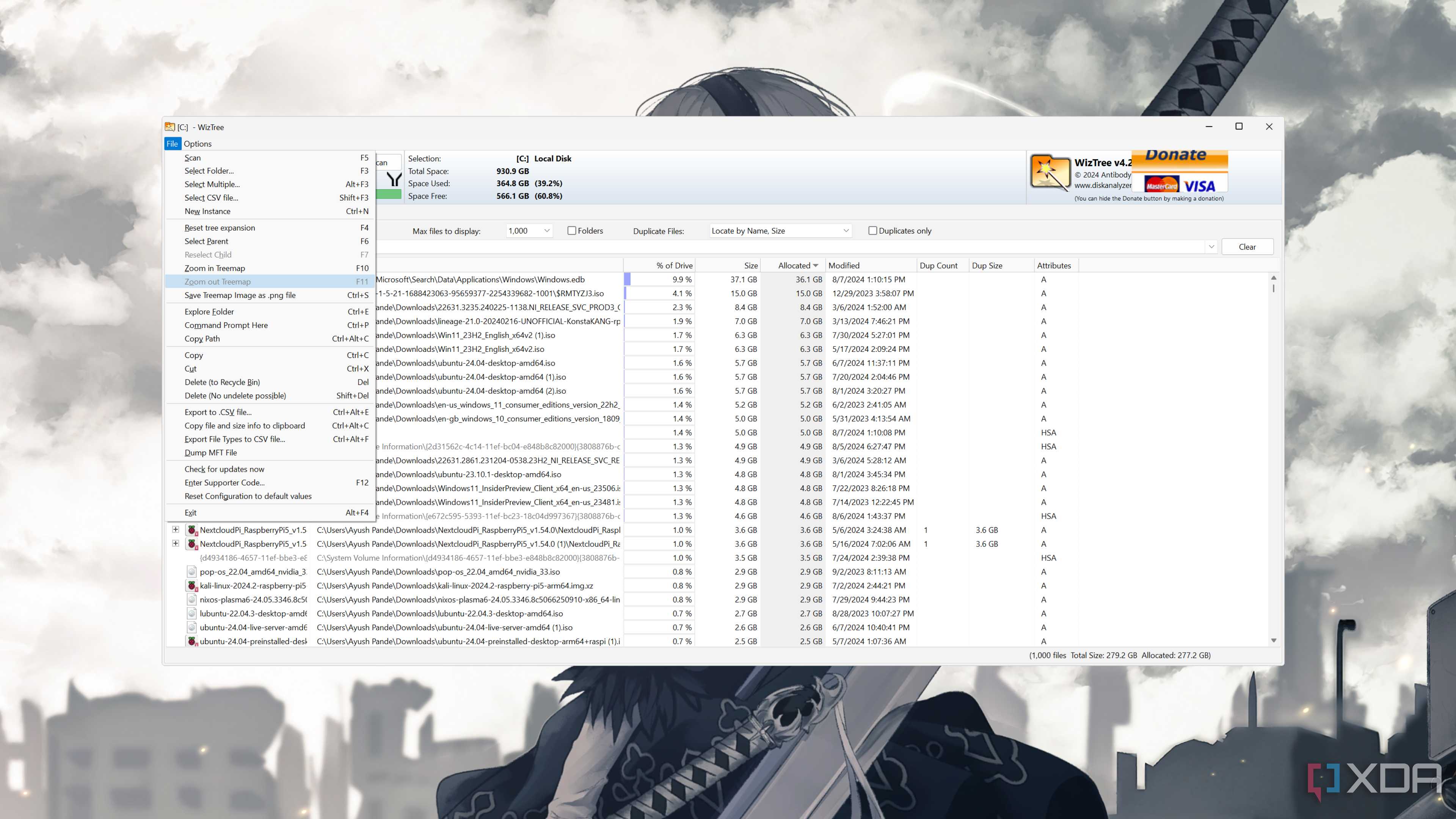 The WizTree UI with the File tab open