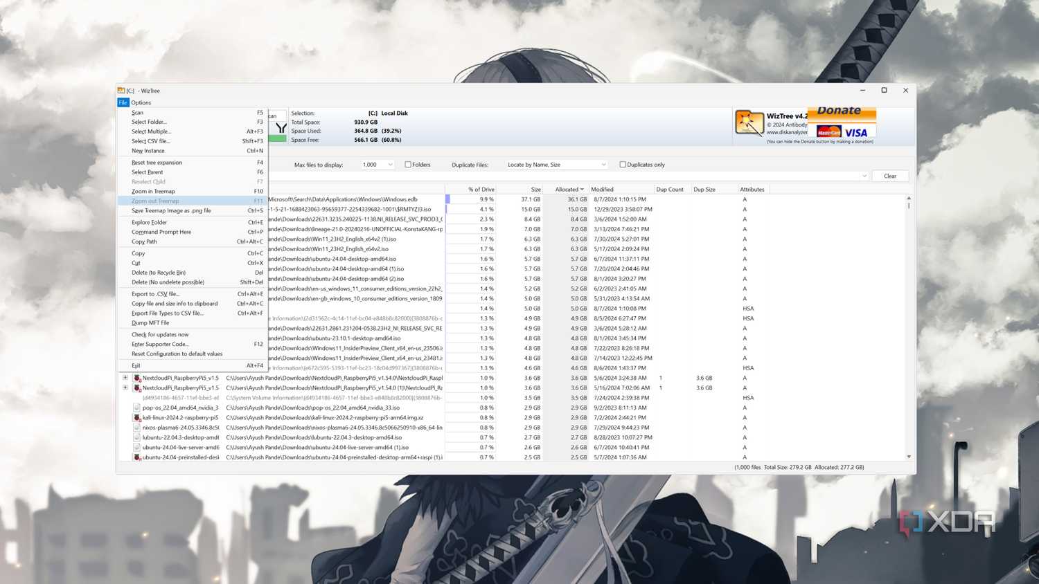 The WizTree UI with the File tab open