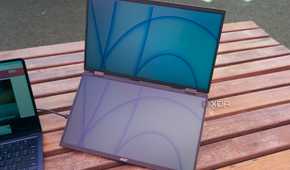 The Acer dual portable monitor on a wooden table.