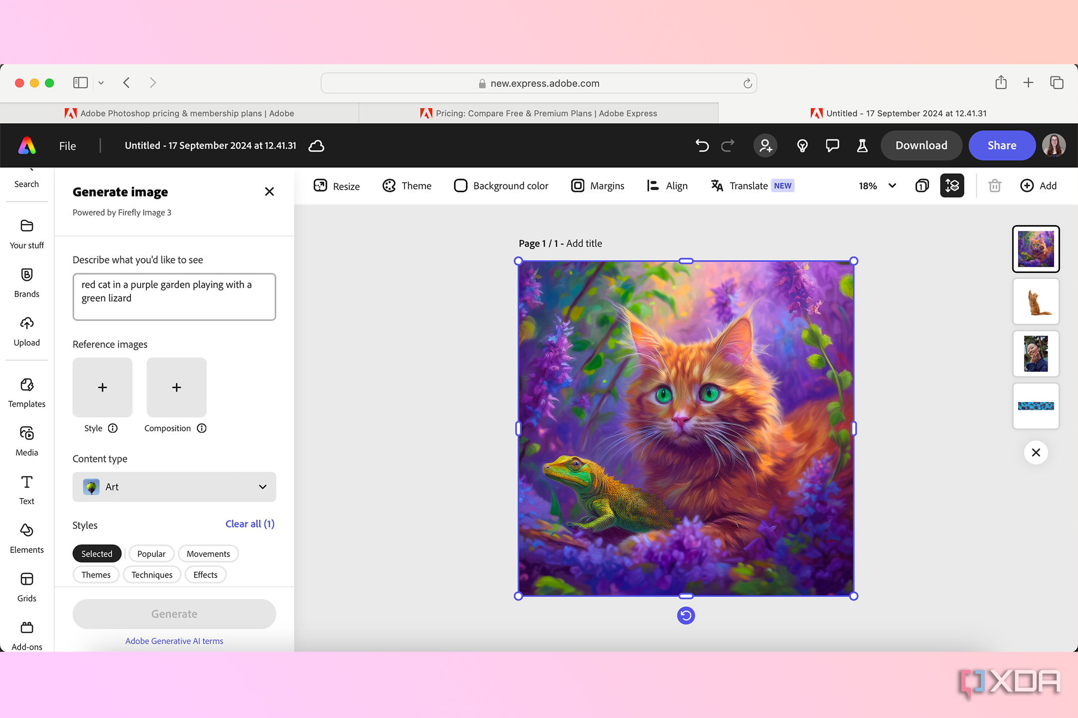 Adobe Express image generation tool with a ginger cat and a green lizard in purple flowers