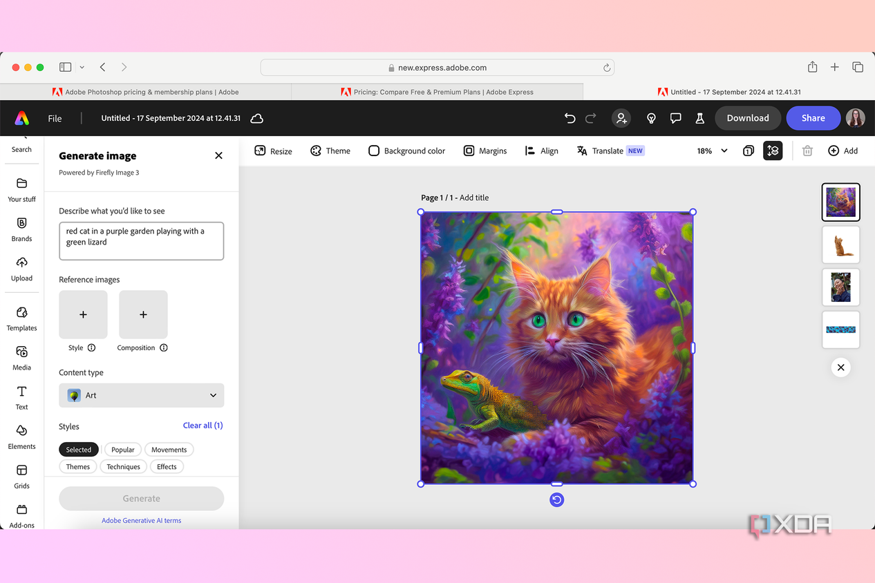 Adobe Express image generation tool with a ginger cat and a green lizard in purple flowers