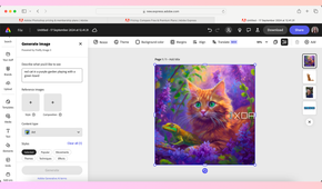 Adobe Express image generation tool with a ginger cat and a green lizard in purple flowers