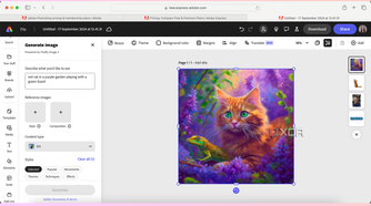 Adobe Express image generation tool with a ginger cat and a green lizard in purple flowers