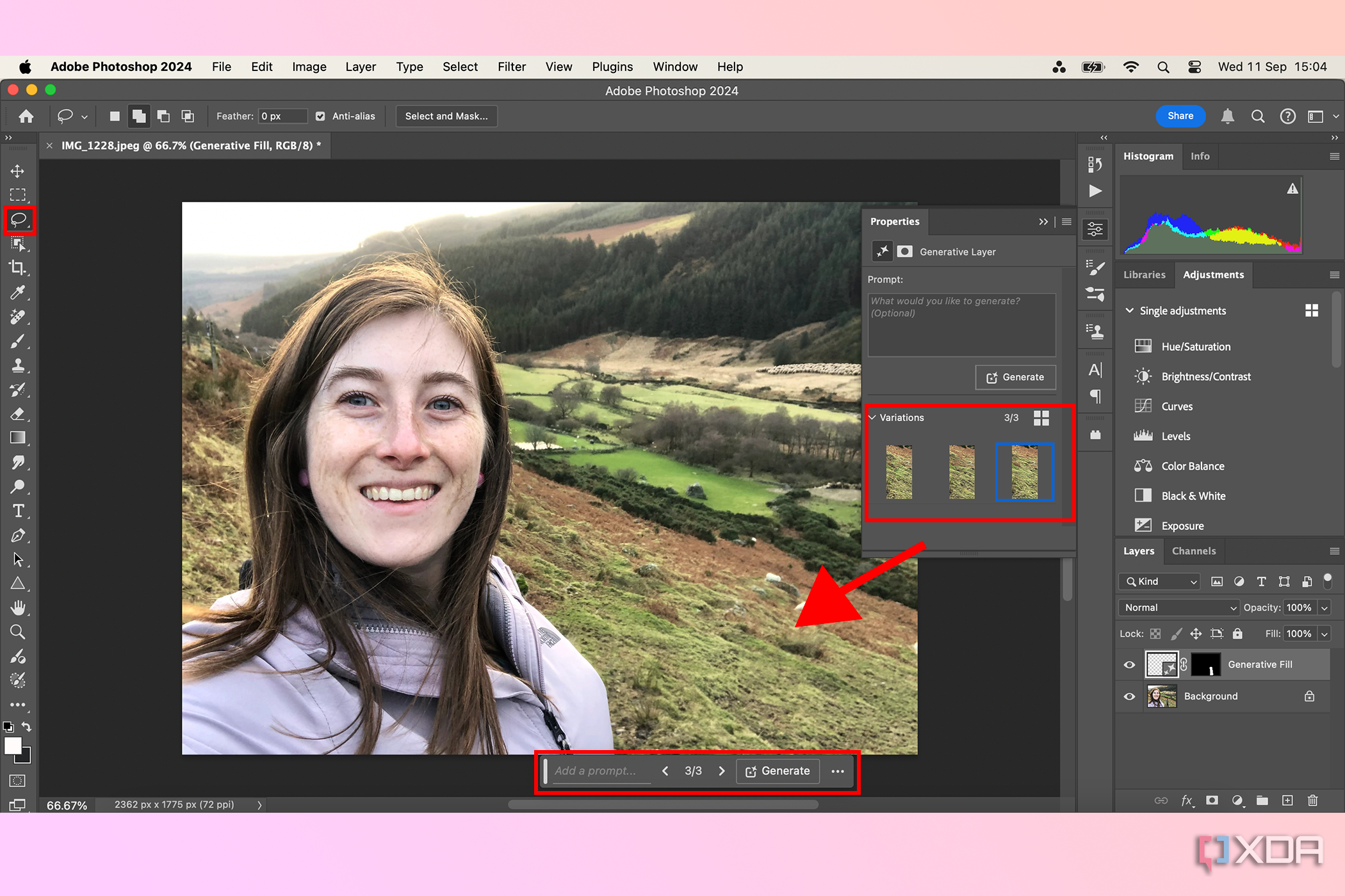 Adobe Photoshop showing Generative Fill variations in an image of a mountain