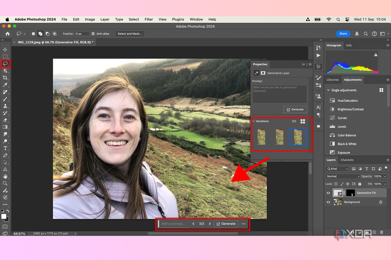 Adobe Photoshop showing Generative Fill variations in an image of a mountain