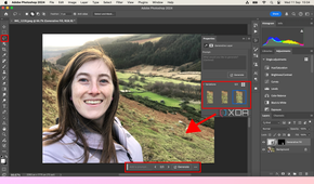 Adobe Photoshop showing Generative Fill variations in an image of a mountain