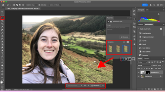 Adobe Photoshop showing Generative Fill variations in an image of a mountain