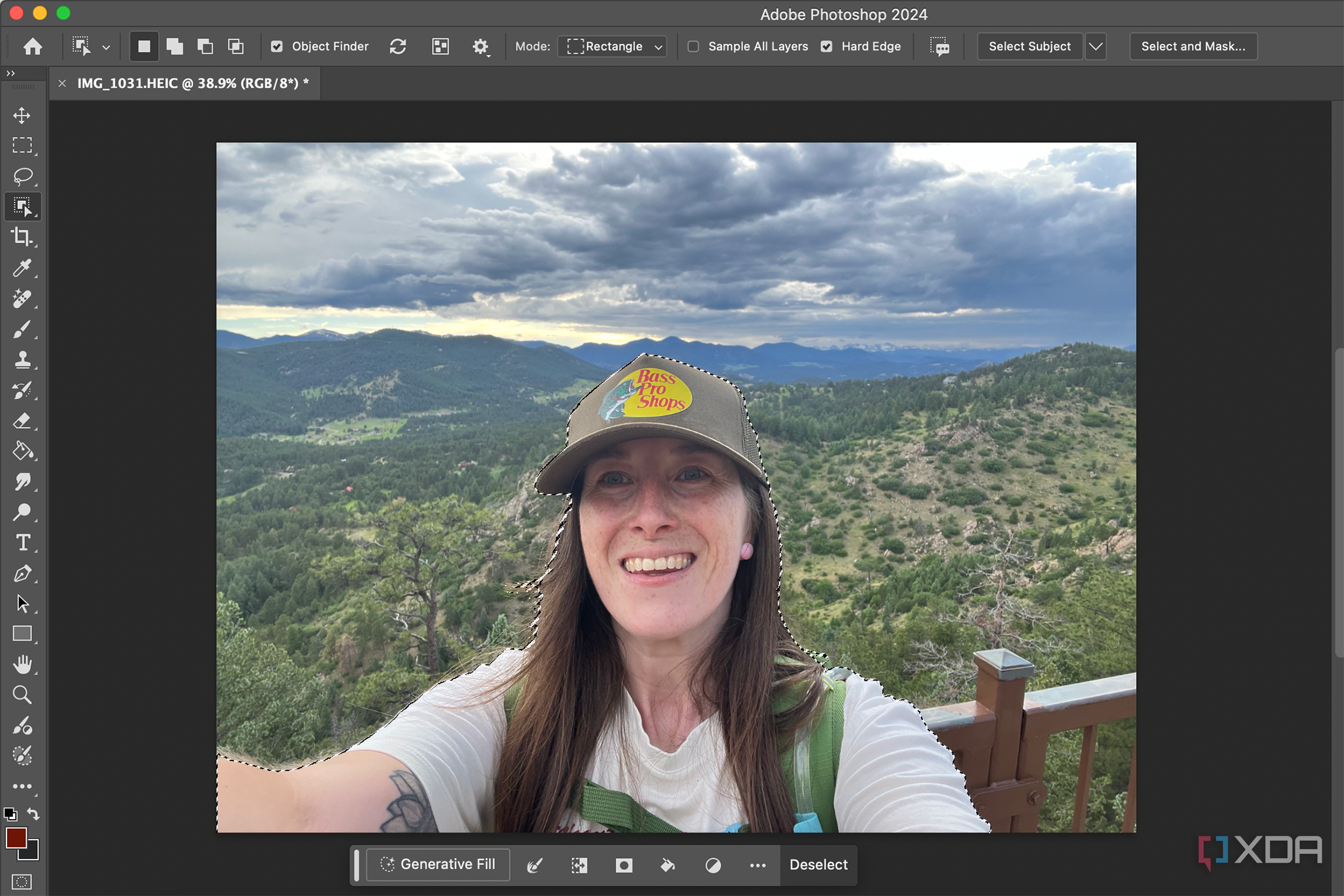 Adobe Photoshop with marching ants selection tightly around a woman in photo
