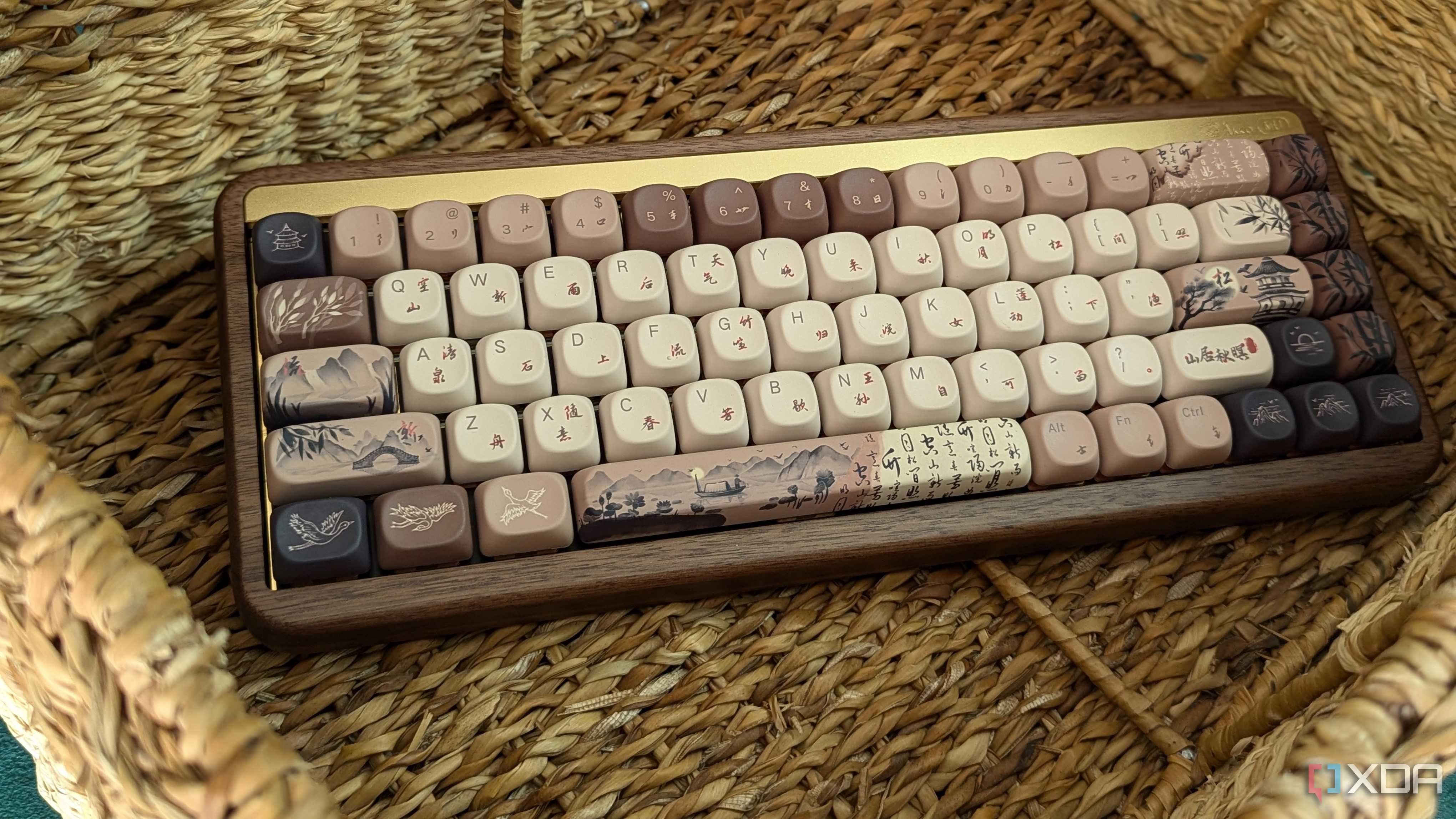 Close-up of a wooden mechanical keyboard