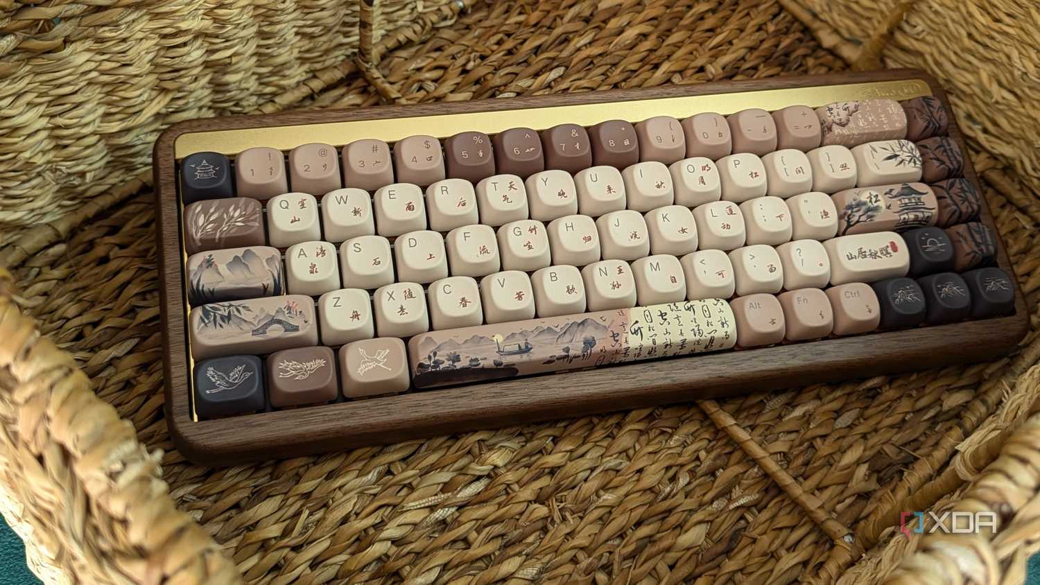 Close-up of a wooden mechanical keyboard