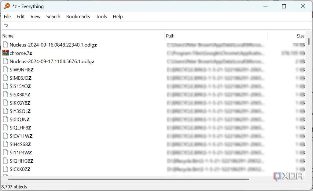 Screenshot of all items ending with z