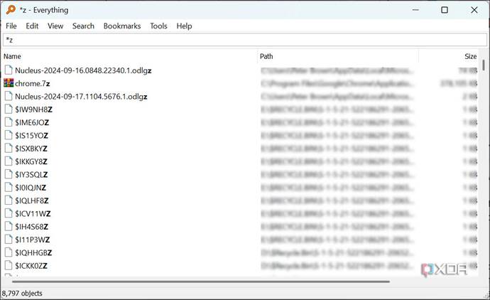 Screenshot of all items ending with z