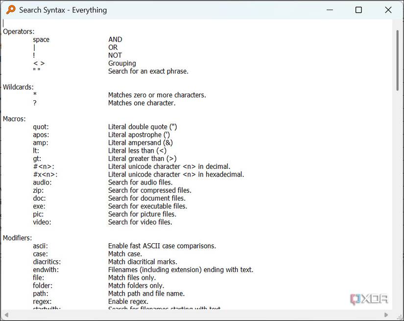Screenshot of all the search syntax that Everything offers