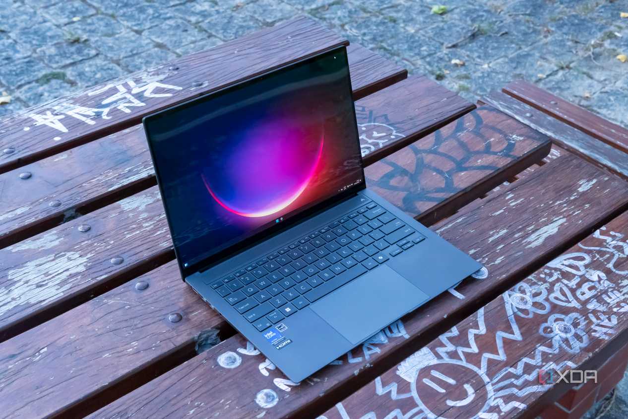 Angled view of the Asus Zenbook S 14 showing the Windows 11 desktop