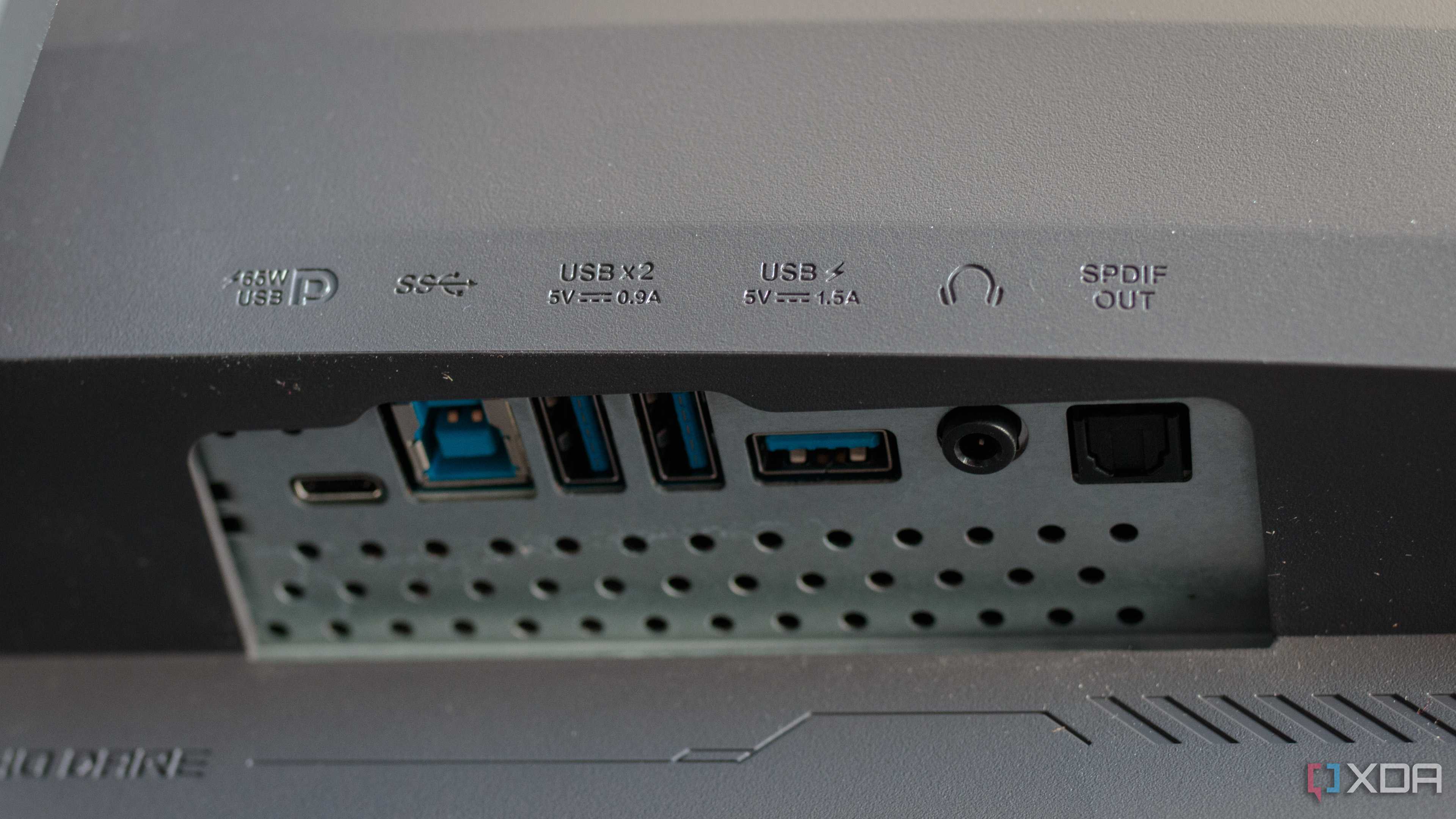 The USB and audio ports on the ASUS ROG PG32UCDP.