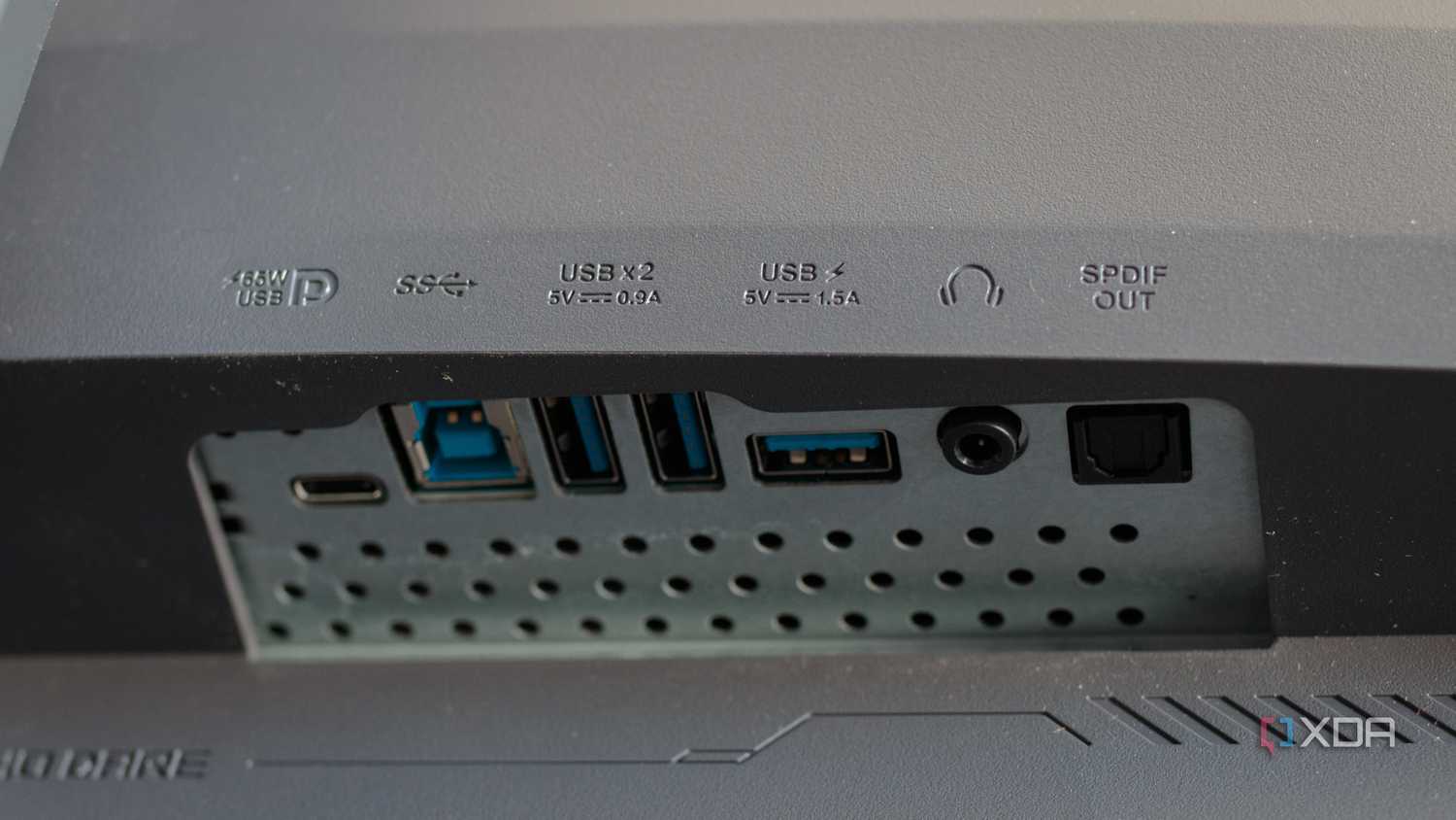 The USB and audio ports on the ASUS ROG PG32UCDP.