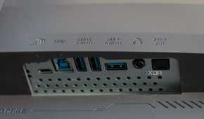The USB and audio ports on the ASUS ROG PG32UCDP.