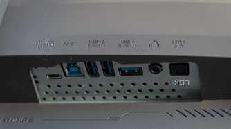The USB and audio ports on the ASUS ROG PG32UCDP.
