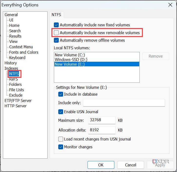 Screenshot of Automatically include new removable drive optiion