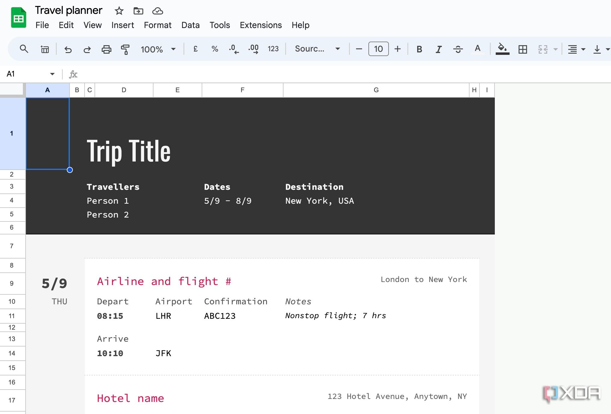 Google Sheets home menu