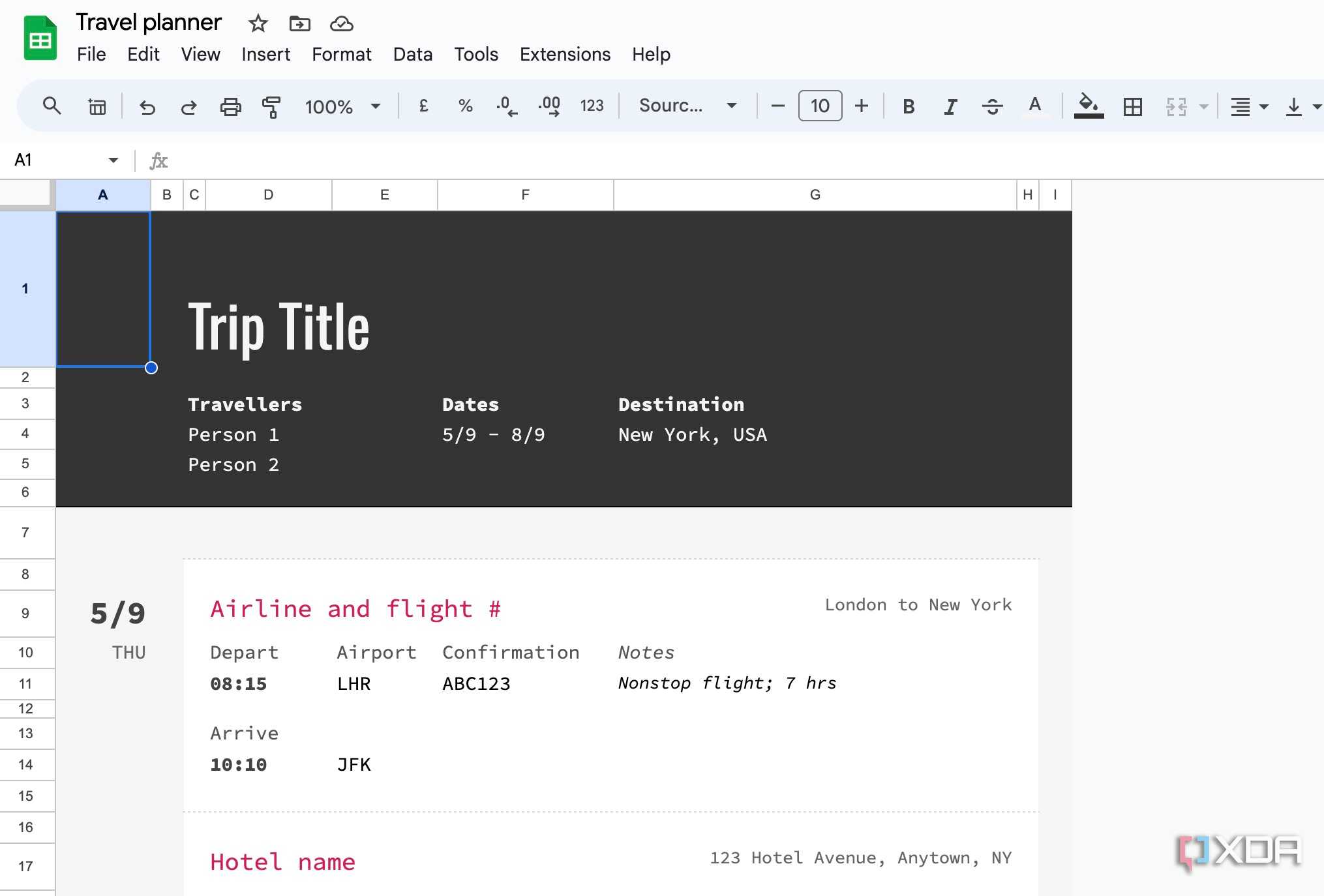 Google Sheets home menu