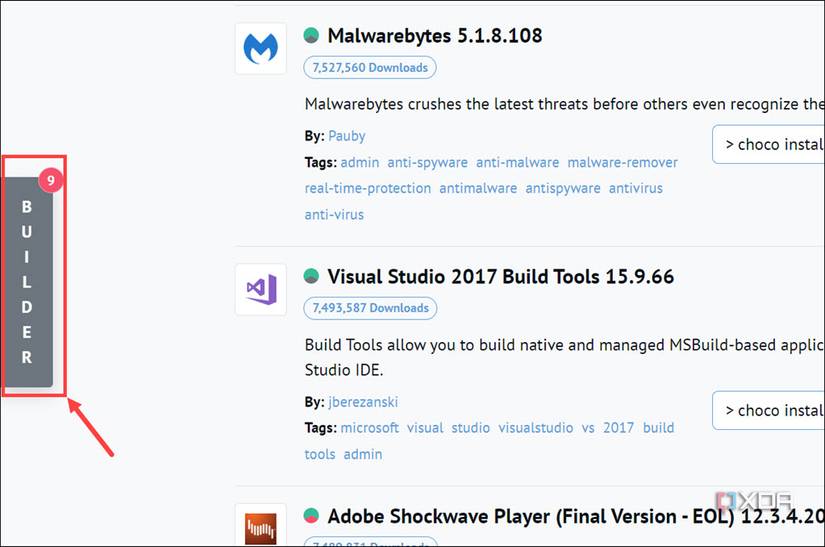 Accessing the Builder button Chocolatey