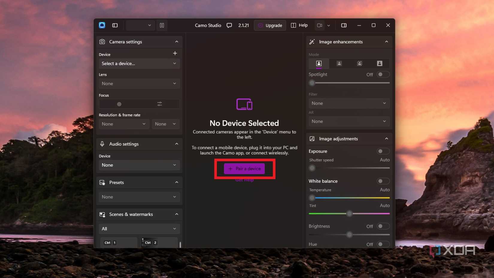 screenshot of windows camo app with the pair a device button highlighted