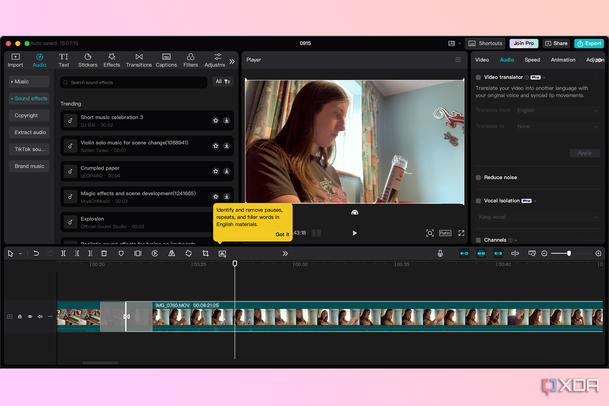 Audio tools in CapCut video software