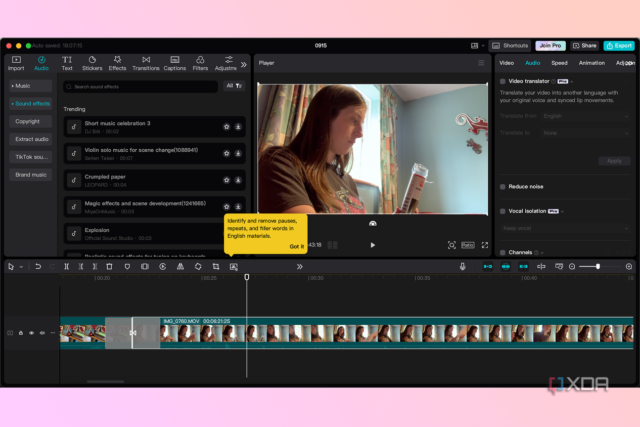 Audio tools in CapCut video software