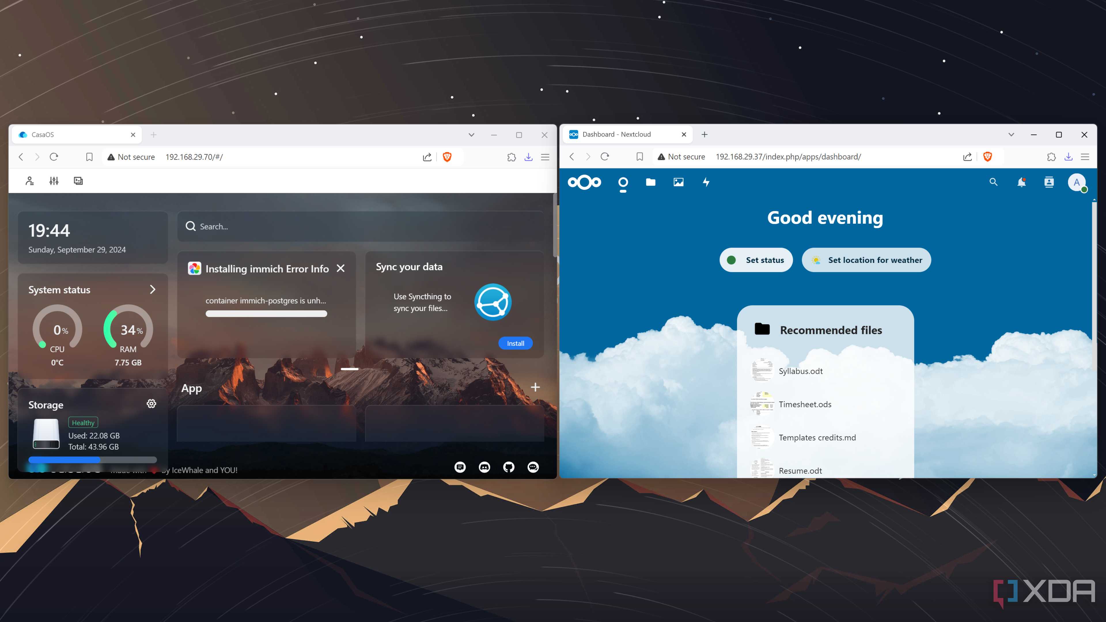 CasaOS and Nextcloud windows open side-by-side