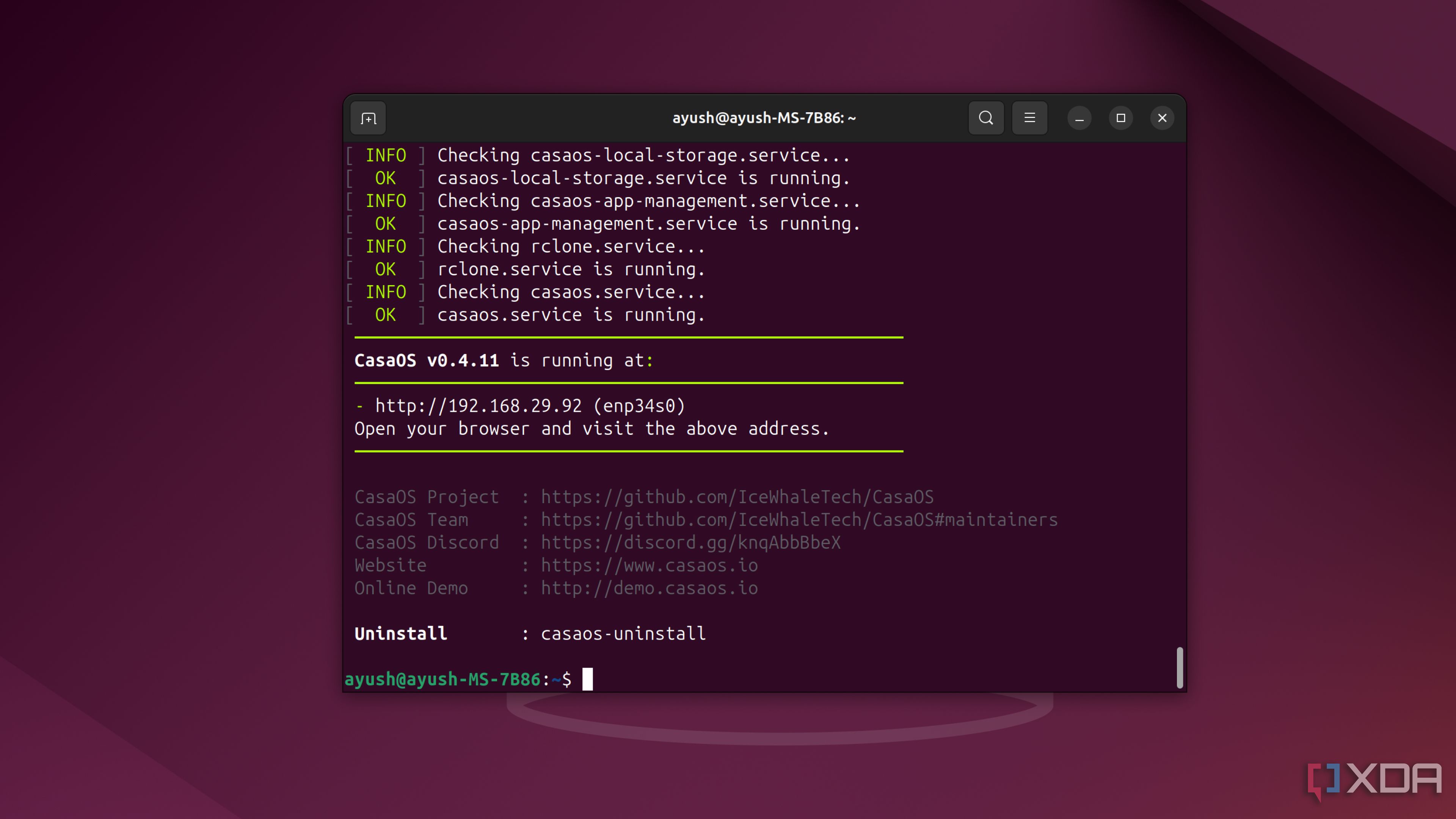 The IP address of the CasaOS server on Ubuntu