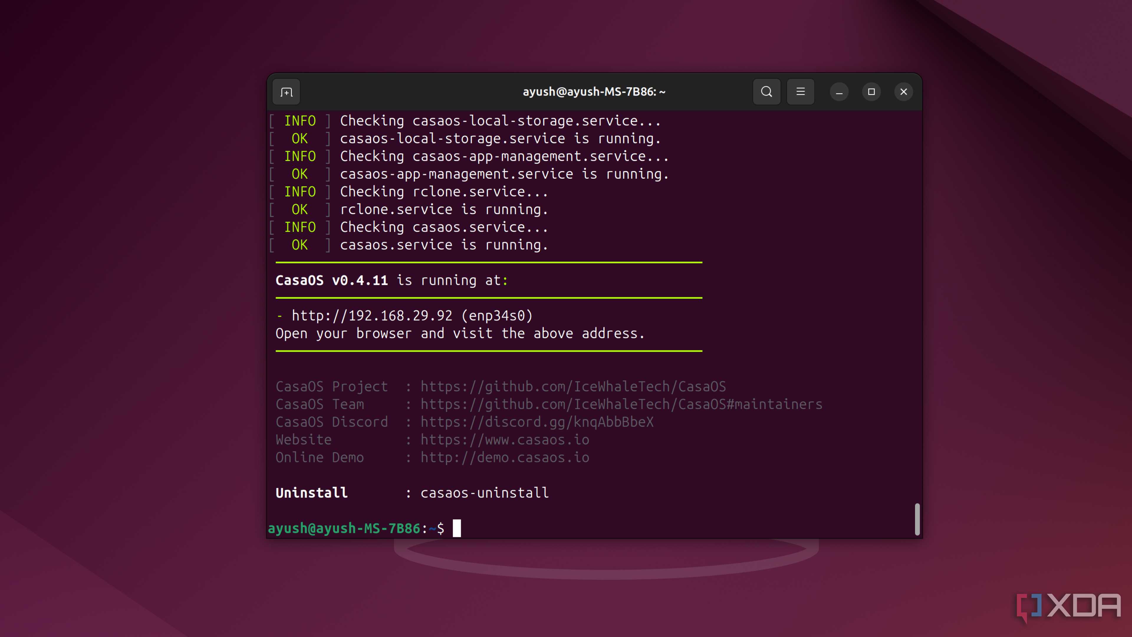 The IP address of the CasaOS server on Ubuntu
